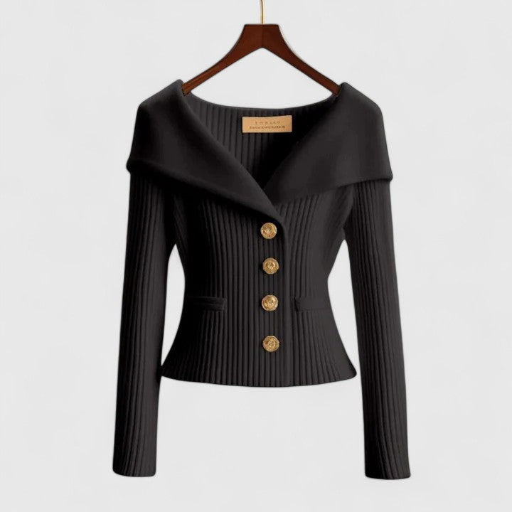 Women's ribbed button cardigan with wide collar and long sleeves