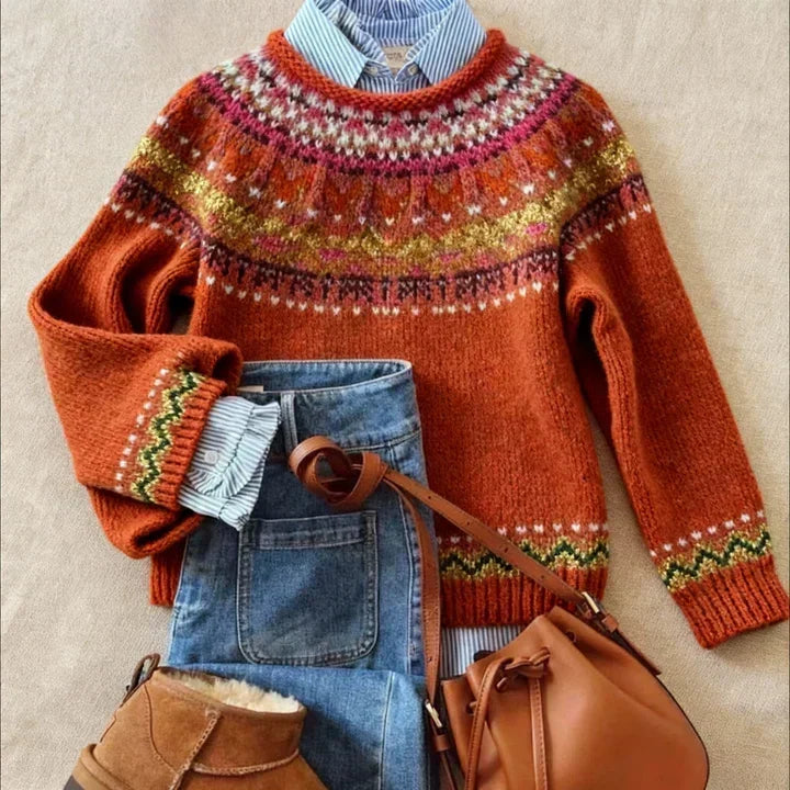 Red women's Fair Isle jumper with crew neck and long sleeves