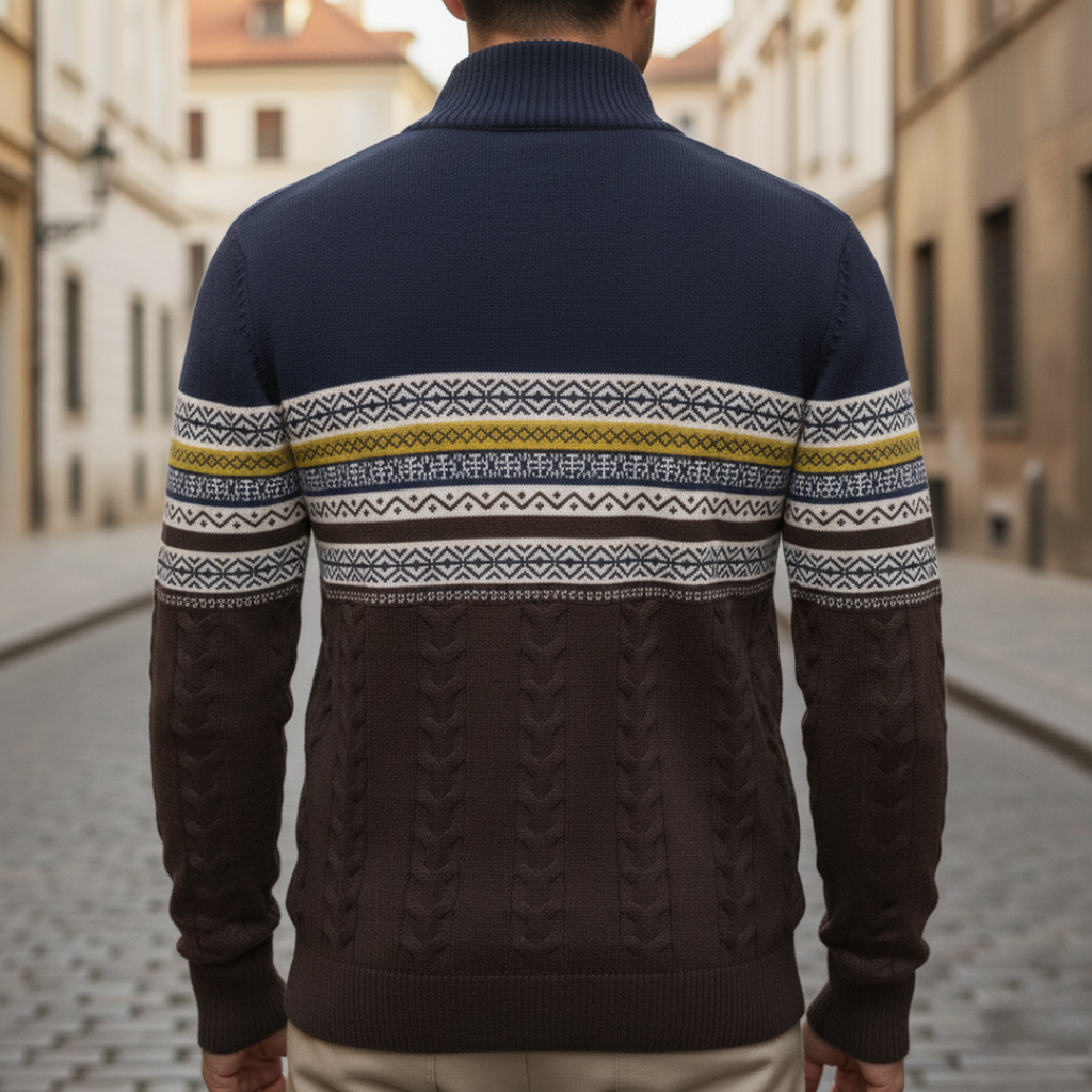 Men's patterned half-zip sweater with ribbed collar
