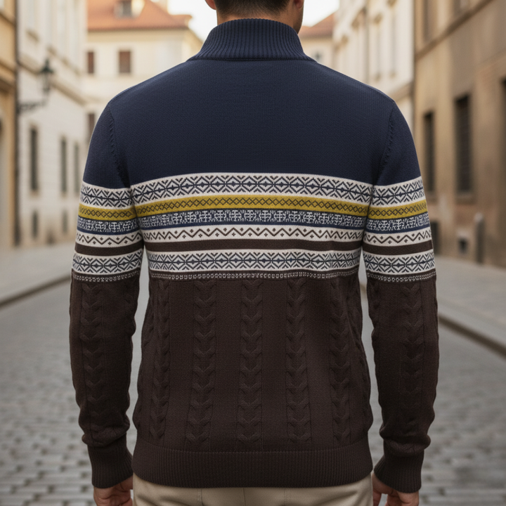 Men's patterned half-zip sweater with ribbed collar