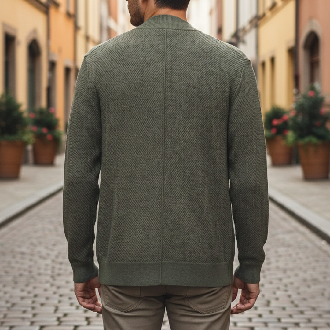 Men's textured knit cardigan with open front and patch pockets