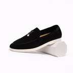 Women's slip-on loafer with rounded toe and metal vamp detail