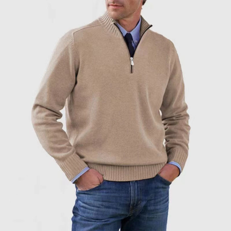 Men's quarter zip mock neck jumper with long sleeves and ribbed trims