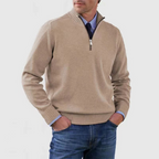 Men's quarter zip mock neck jumper with long sleeves and ribbed trims