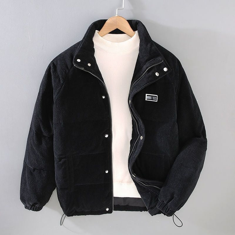 Men's ribbed corduroy padded jacket with high collar, zip fastening and multiple pockets