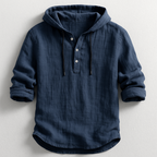 Men's long-sleeved hooded shirt with button placket and drawcords