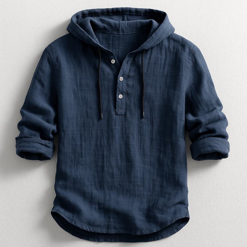 Men's long-sleeved hooded shirt with button placket and drawcords