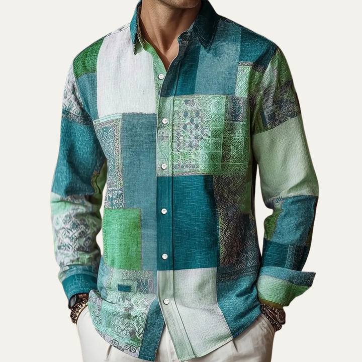 Men's colour block patchwork shirt with long sleeves