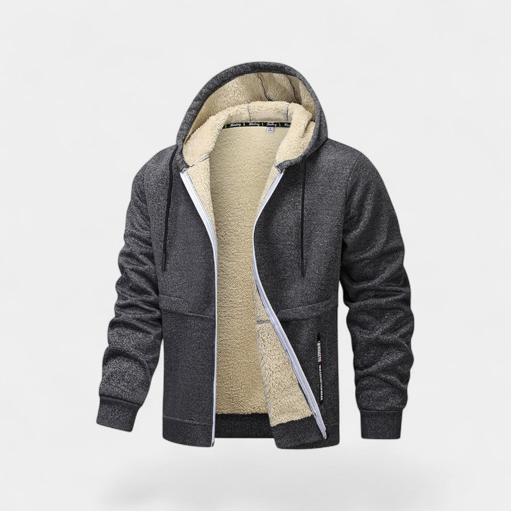 Men's hooded zip cardigan with contrasting sherpa-style lining