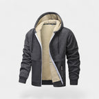 Men's hooded zip cardigan with contrasting sherpa-style lining