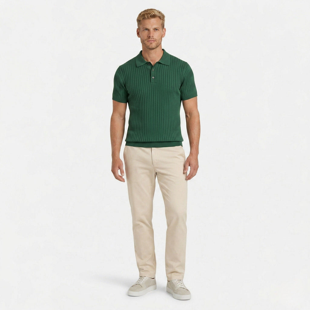 Men's ribbed knit polo shirt with short sleeves and button placket