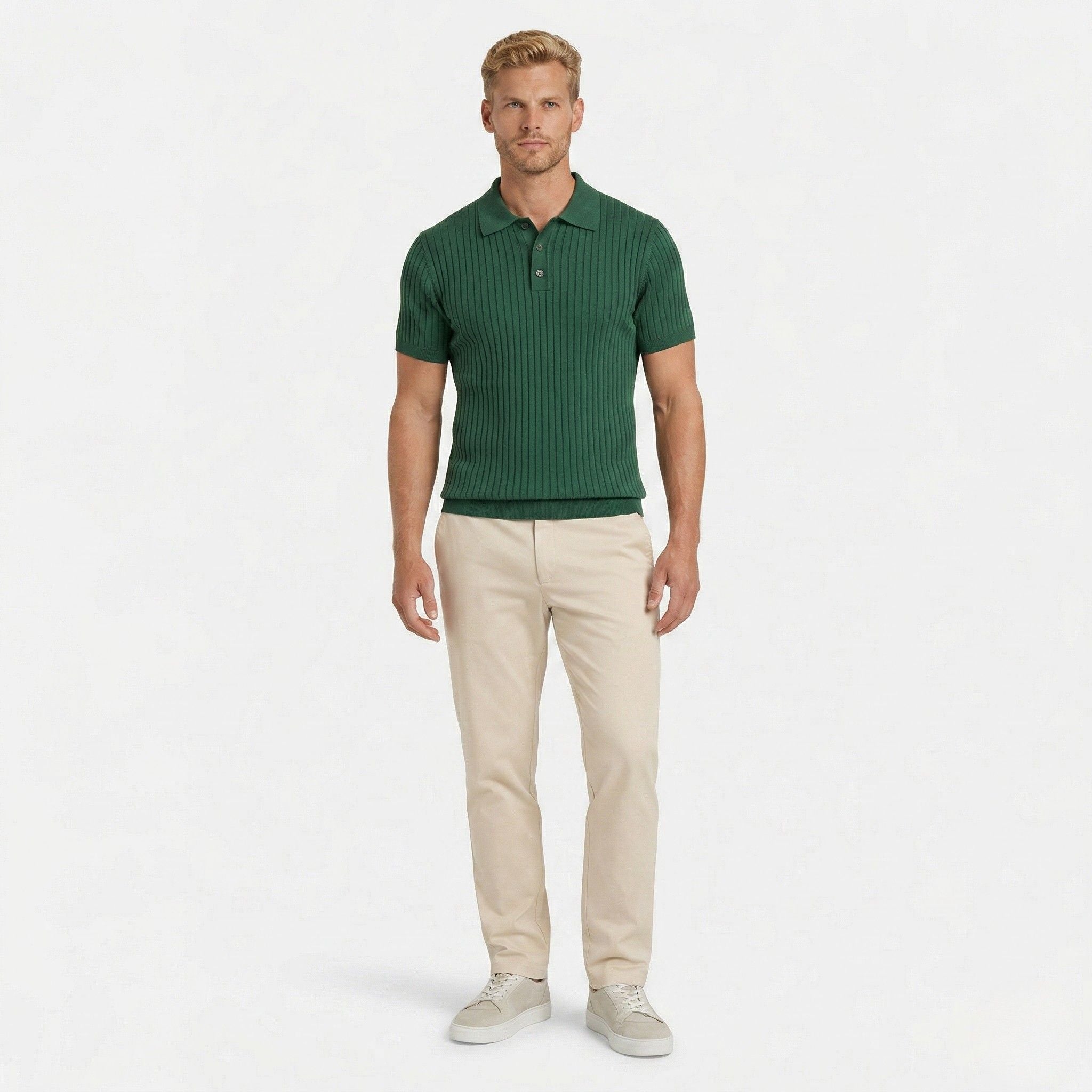 Men's ribbed knit polo shirt with short sleeves and button placket