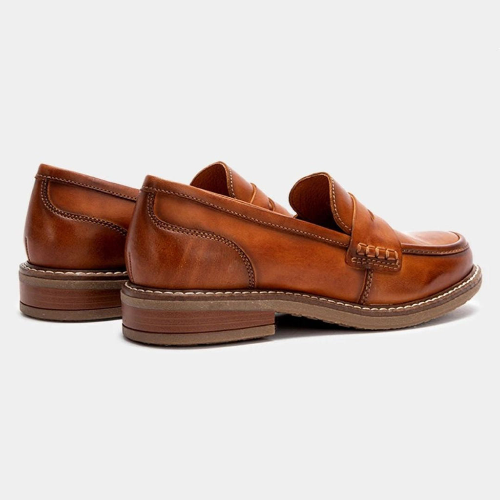 Men's penny loafers with rounded toes, stitched trim and low heels