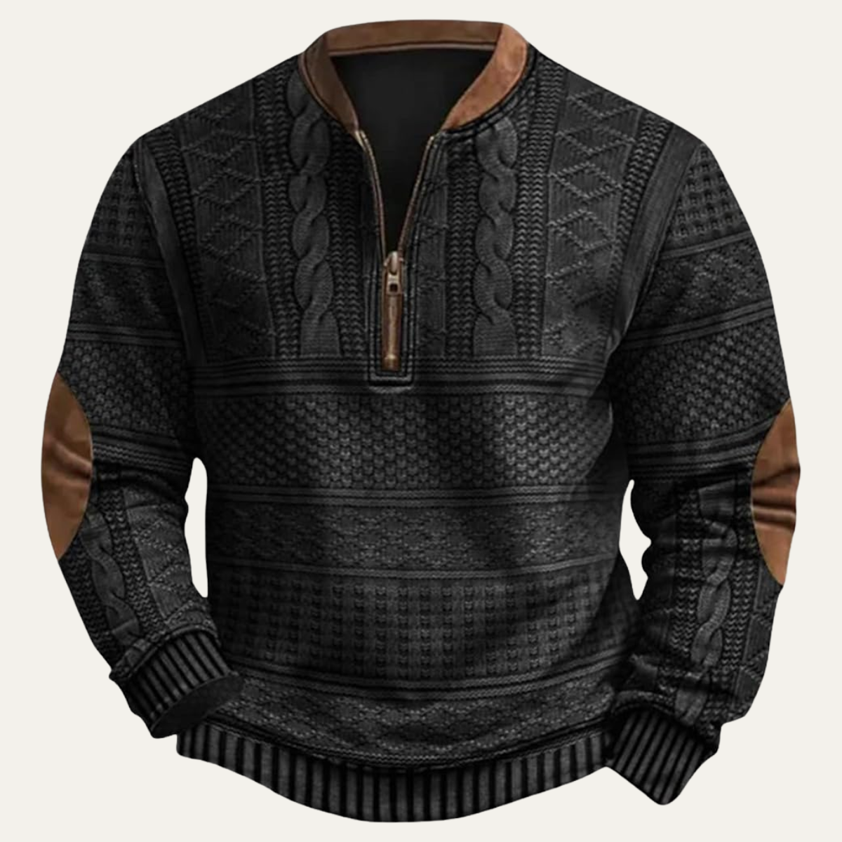 Men's patterned half-zip sweater with mock neck and brown elbow patches