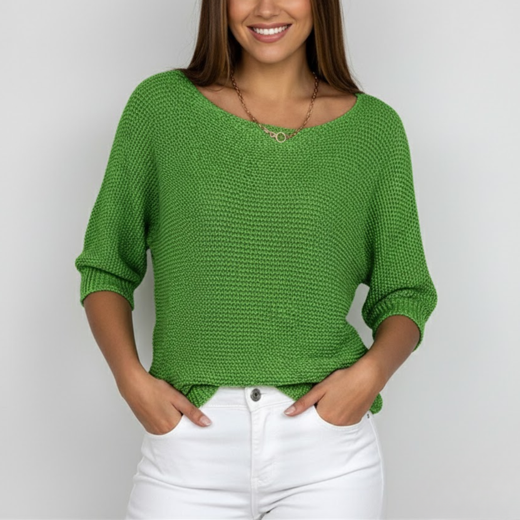 Women's textured knit jumper with wide boat neckline and three quarter sleeves