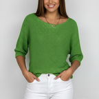 Women's textured knit jumper with wide boat neckline and three quarter sleeves