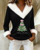 Women's Christmas print top with fluffy collar, long sleeves and Christmas tree graphic