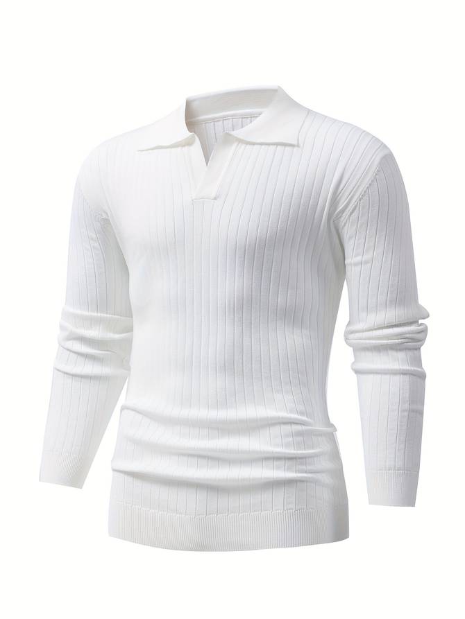 Men's Ribbed Open-Collar Polo Jumper