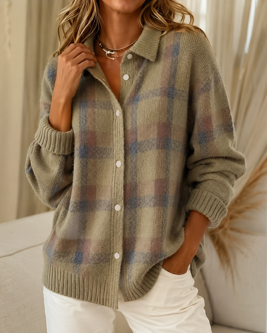Women's checked knit cardigan with collar and button front