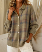 Women's checked knit cardigan with collar and button front