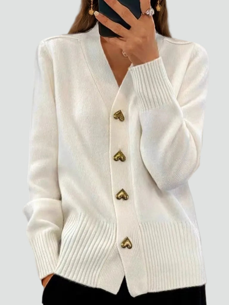 Women's long-sleeved V-neck button cardigan with ribbed trims and front pockets