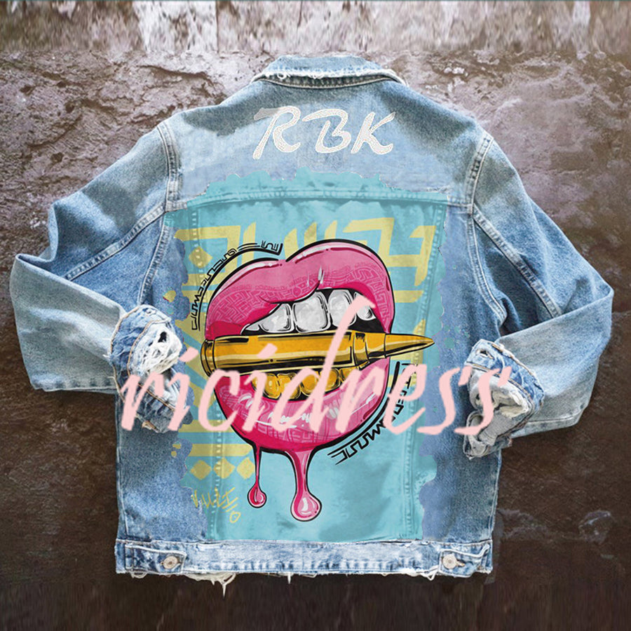 Graphic denim jacket with colourful illustrated back print