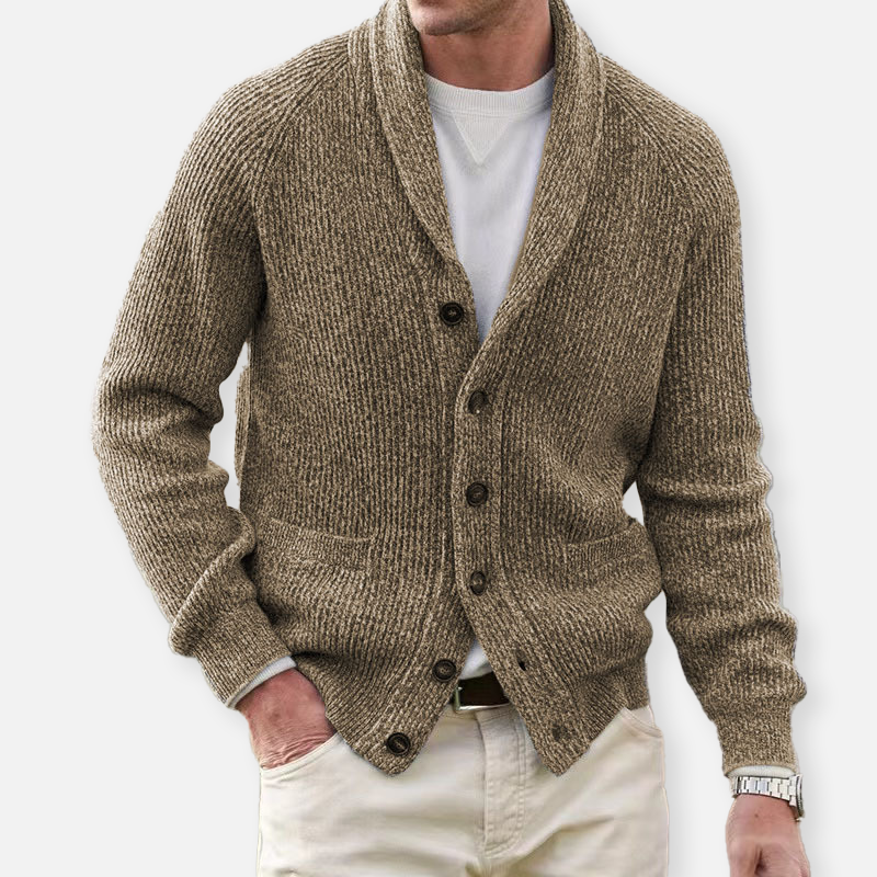 Men's ribbed knit cardigan with shawl collar and button front