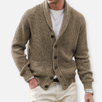 Men's ribbed knit cardigan with shawl collar and button front