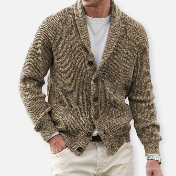 Men's ribbed knit cardigan with shawl collar and button front