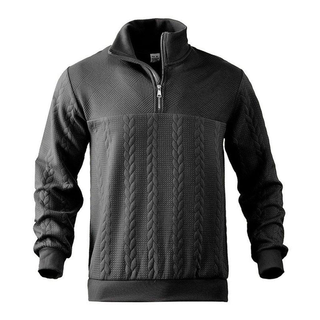 Men's quarter-zip jumper with stand collar and vertical cable-knit panels