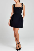 Women's square-neck mini dress with floral appliques and side pockets