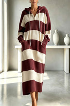 Women's hooded ribbed knit midi dress with broad horizontal stripes and front pockets