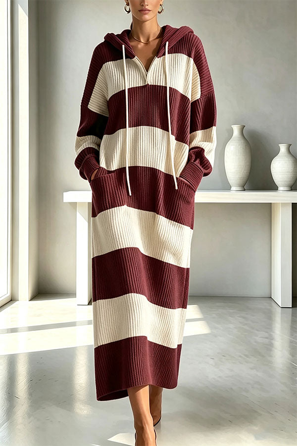 Women's hooded ribbed knit midi dress with broad horizontal stripes and front pockets