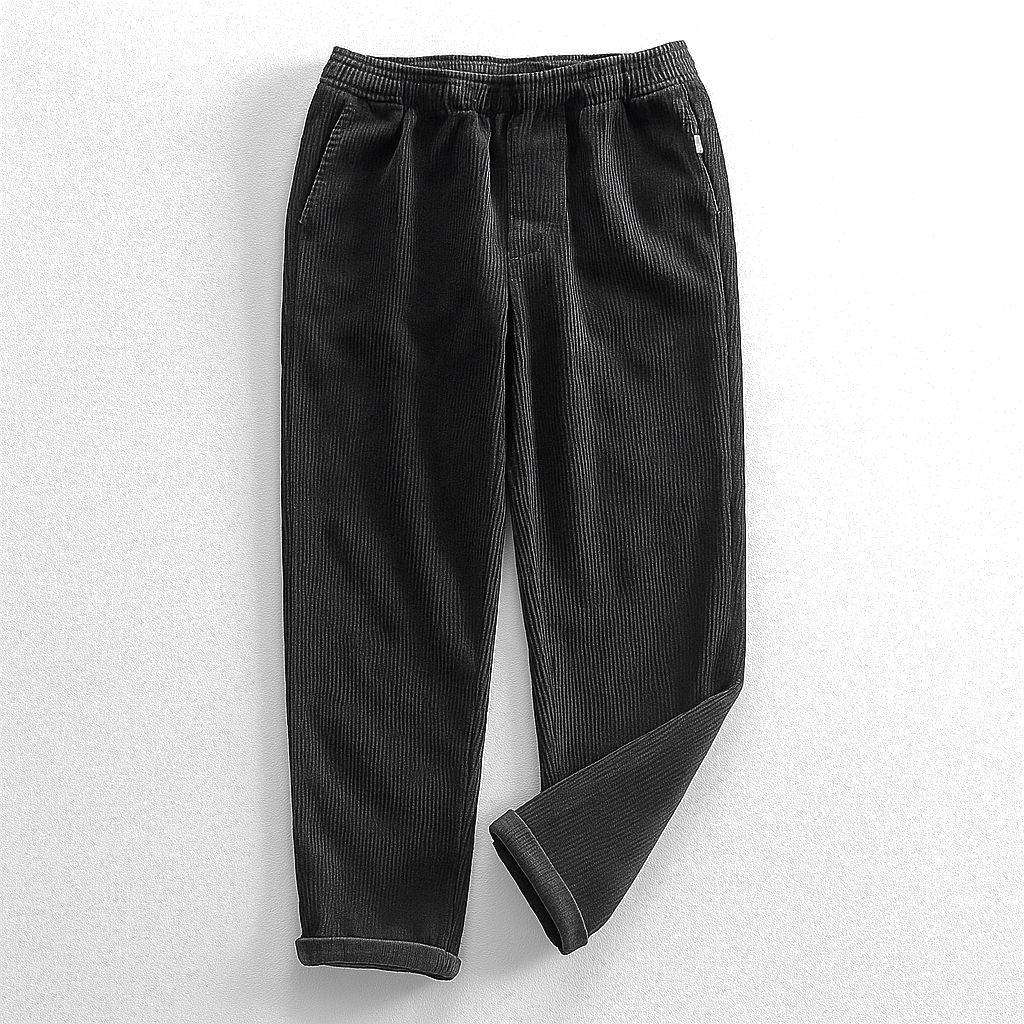 Unisex ribbed corduroy trousers with elasticated waist, side pockets and turned-up hems