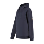 Women's navy hooded sweatshirt with long sleeves, ribbed trims and chest emblem