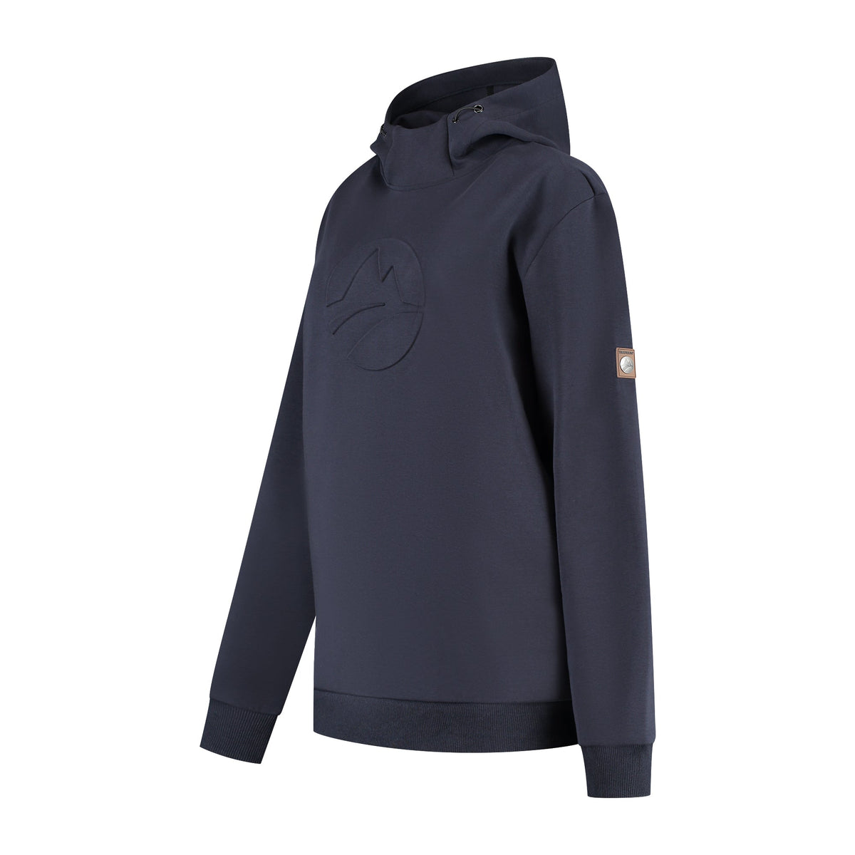 Women's navy hooded sweatshirt with long sleeves, ribbed trims and chest emblem