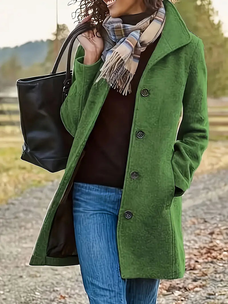 Women's textured mid-length coat with lapel collar and button front
