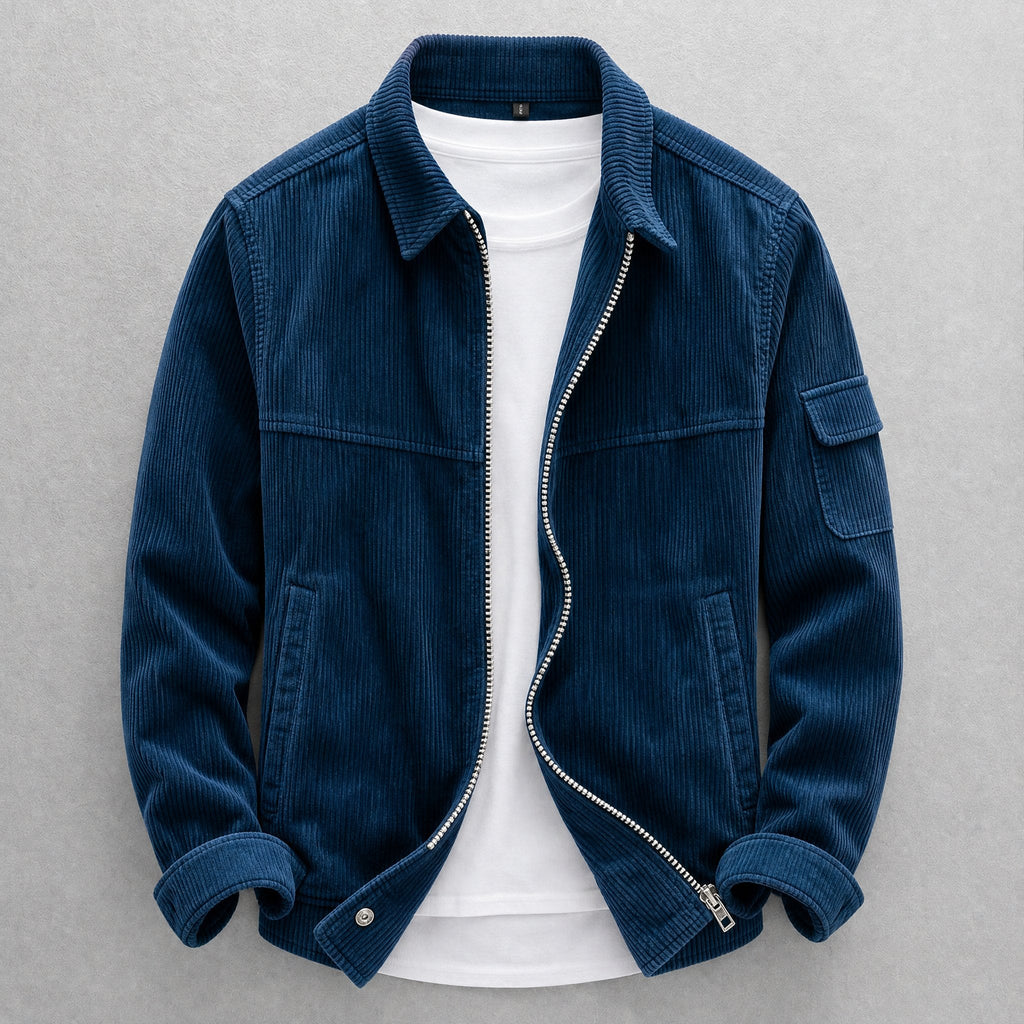 Men's corduroy jacket with zip front, pointed collar and sleeve pocket
