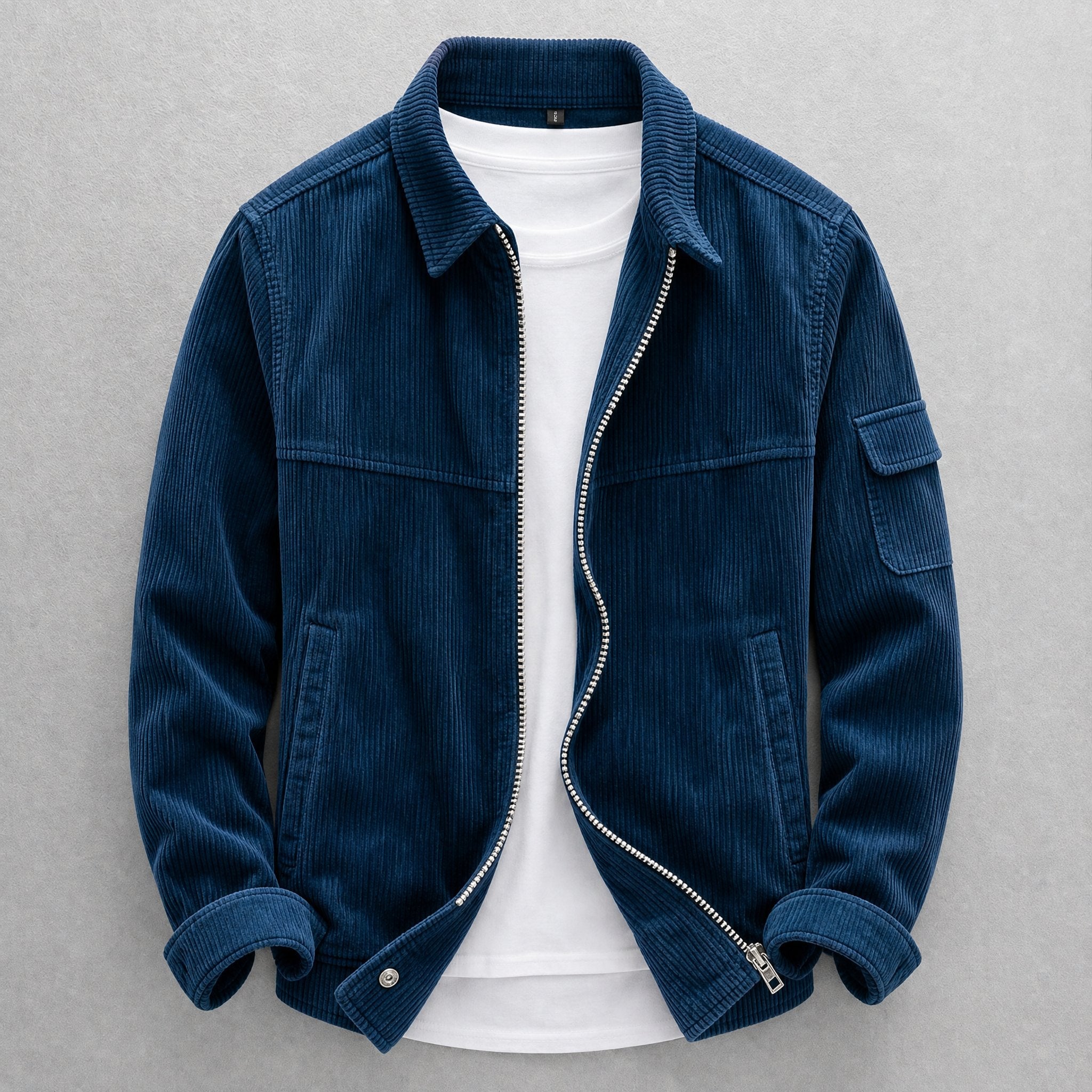 Men's corduroy jacket with zip front, pointed collar and sleeve pocket