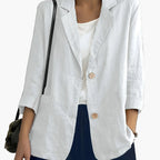 Women's navy blazer with notched lapels and front buttons