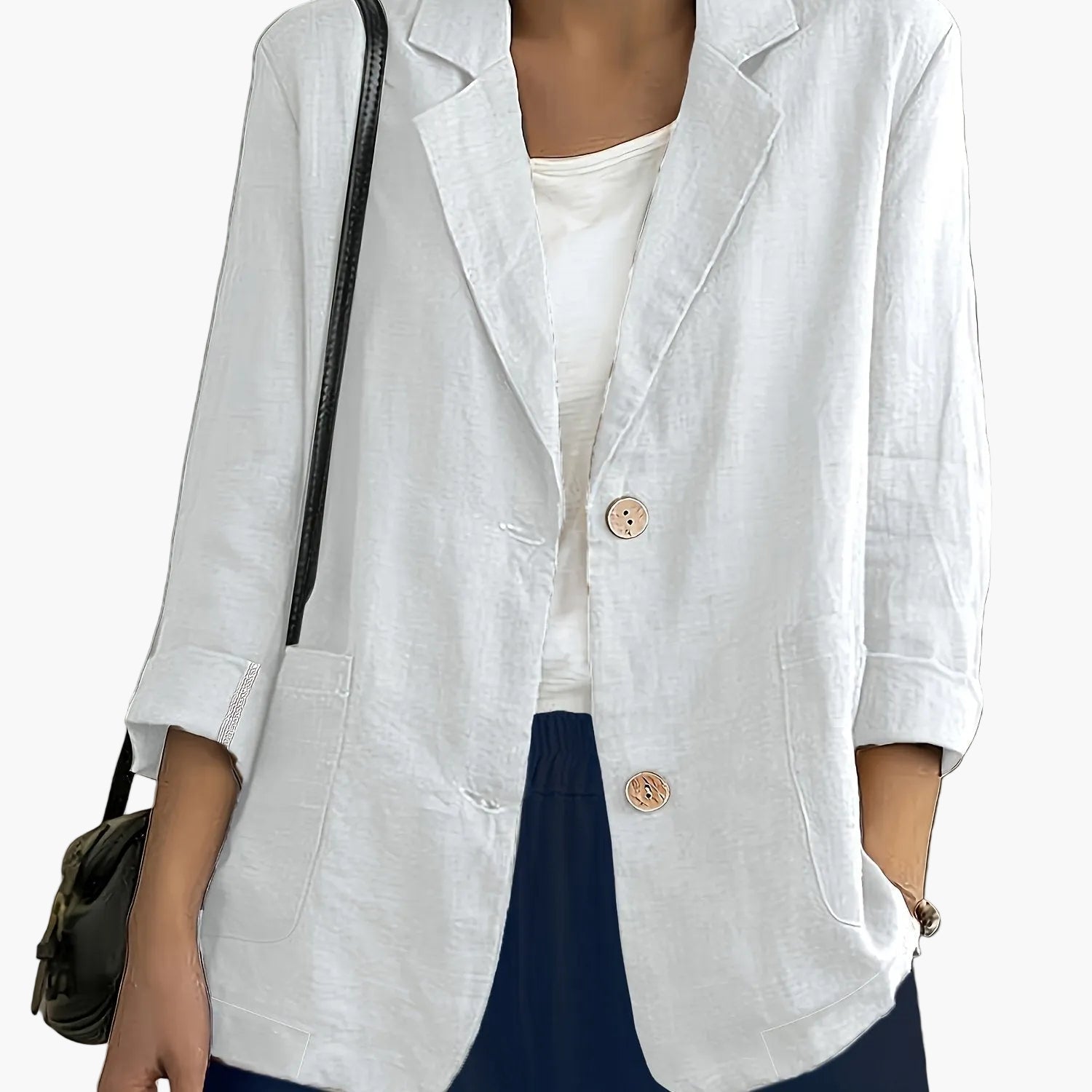 Women's navy blazer with notched lapels and front buttons