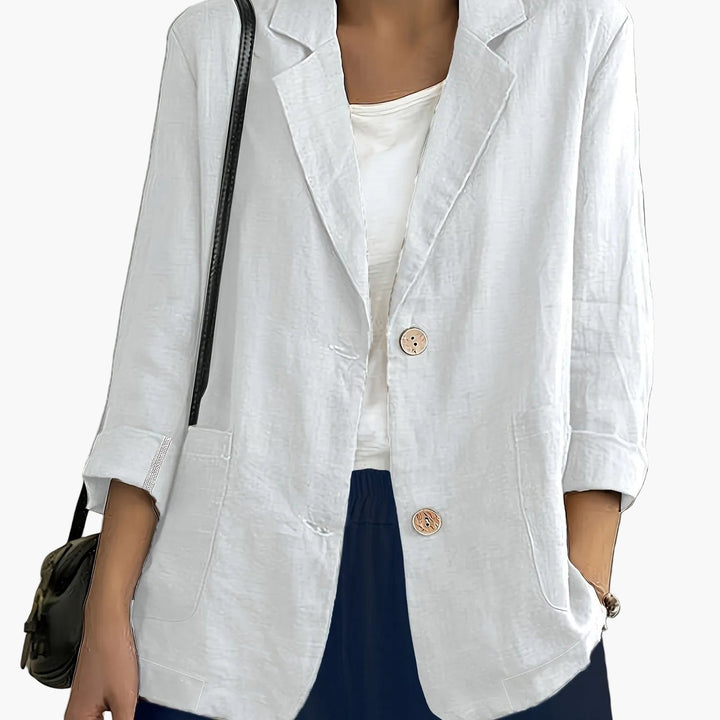 Women's navy blazer with notched lapels and front buttons