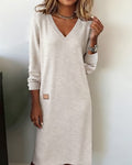 Women's long sleeve V-neck sweater midi dress with ribbed cuffs