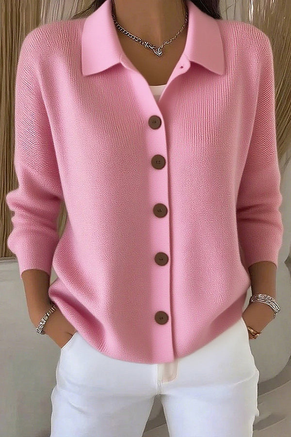 Women's plain knit cardigan with shirt collar, long sleeves and button front