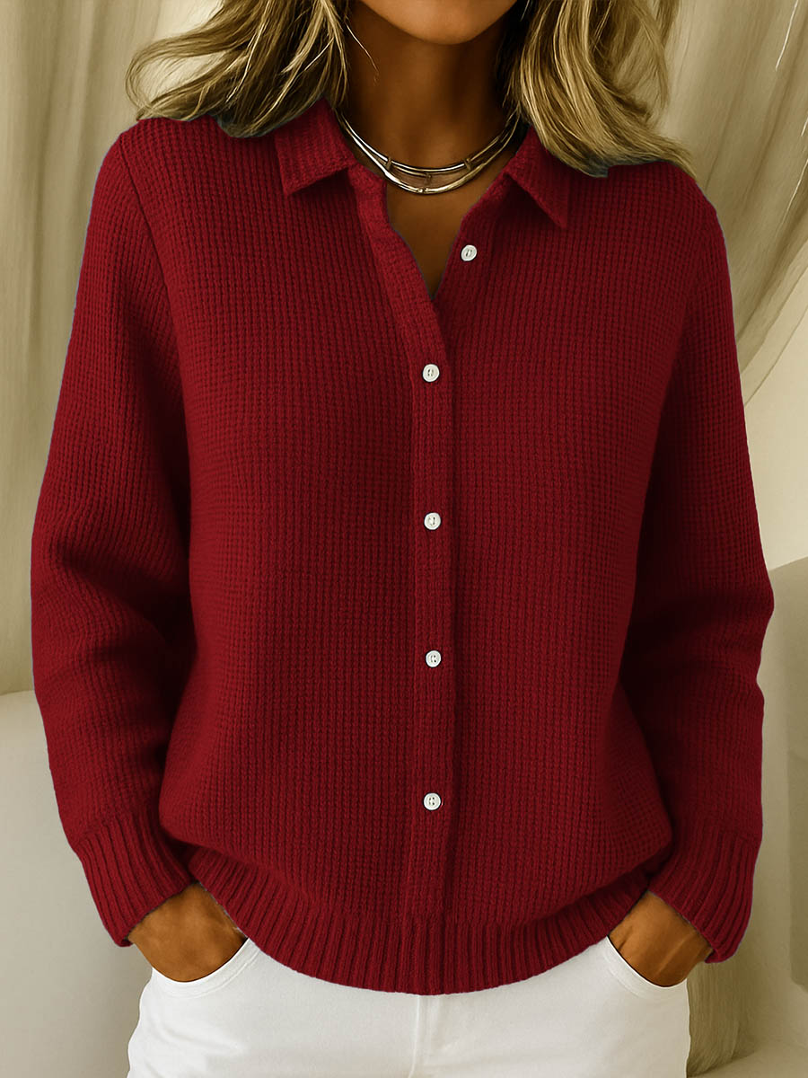 Women's ribbed button cardigan with collared neckline and long sleeves