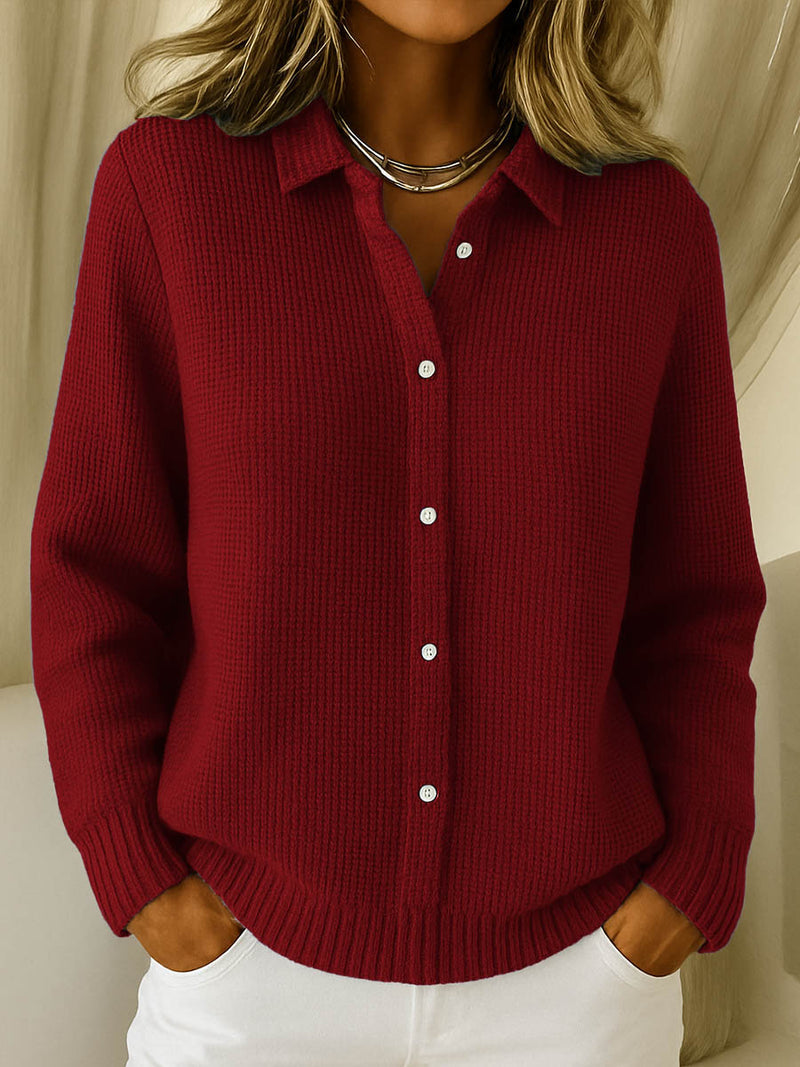 Women's textured button front jumper with collared V-neckline and long sleeves