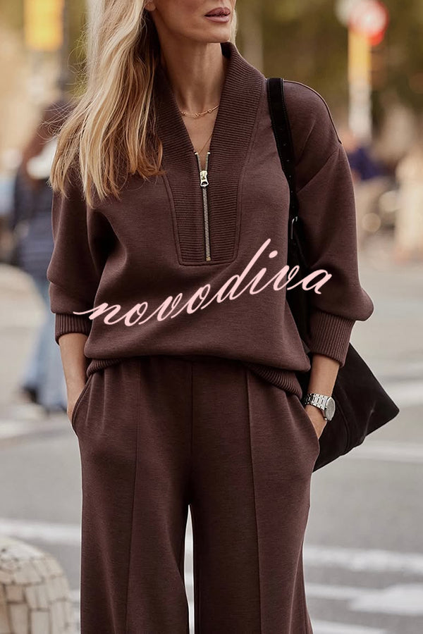 Women's ribbed half-zip sweatshirt and wide-leg trousers set