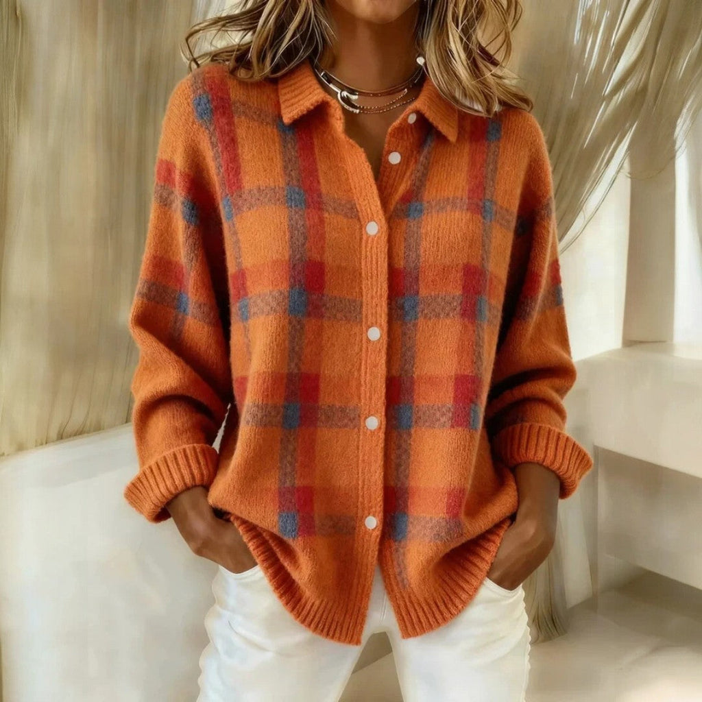 Women's checked button-front sweater with collar and ribbed trims