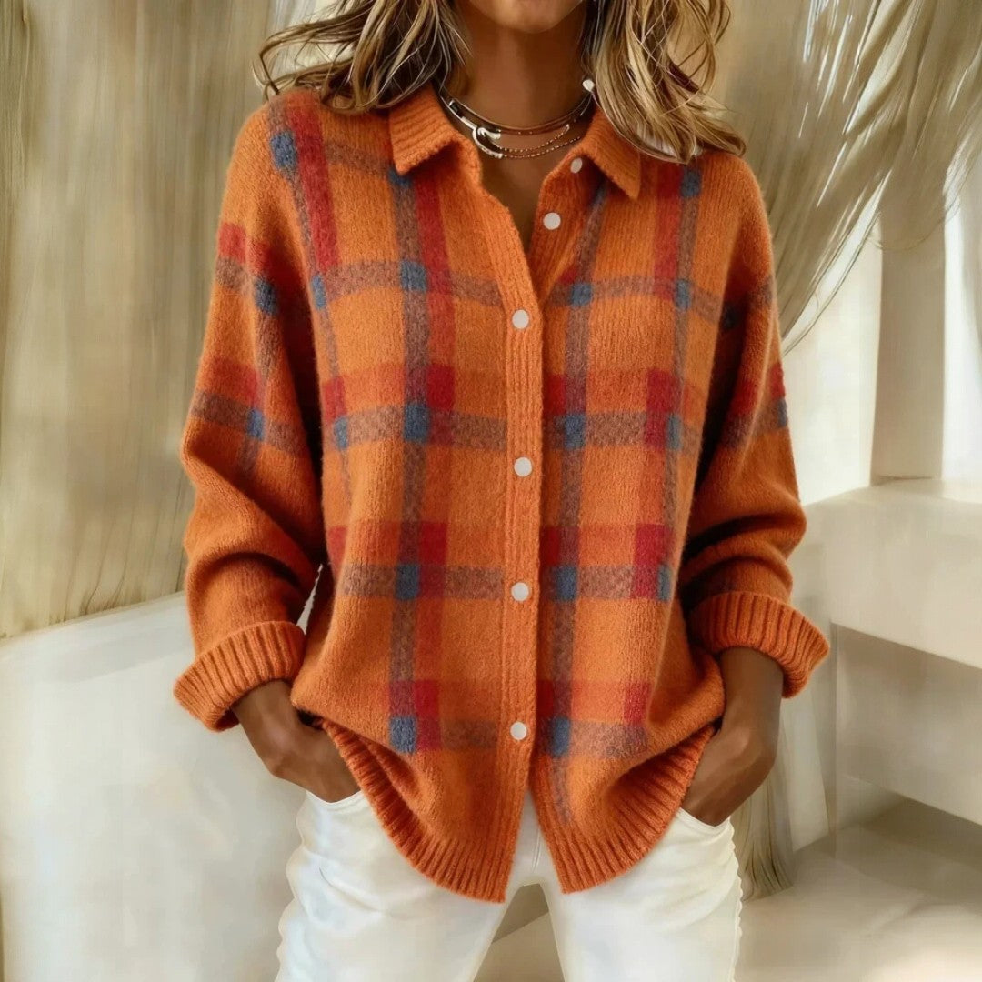 Women's checked button-front sweater with collar and ribbed trims