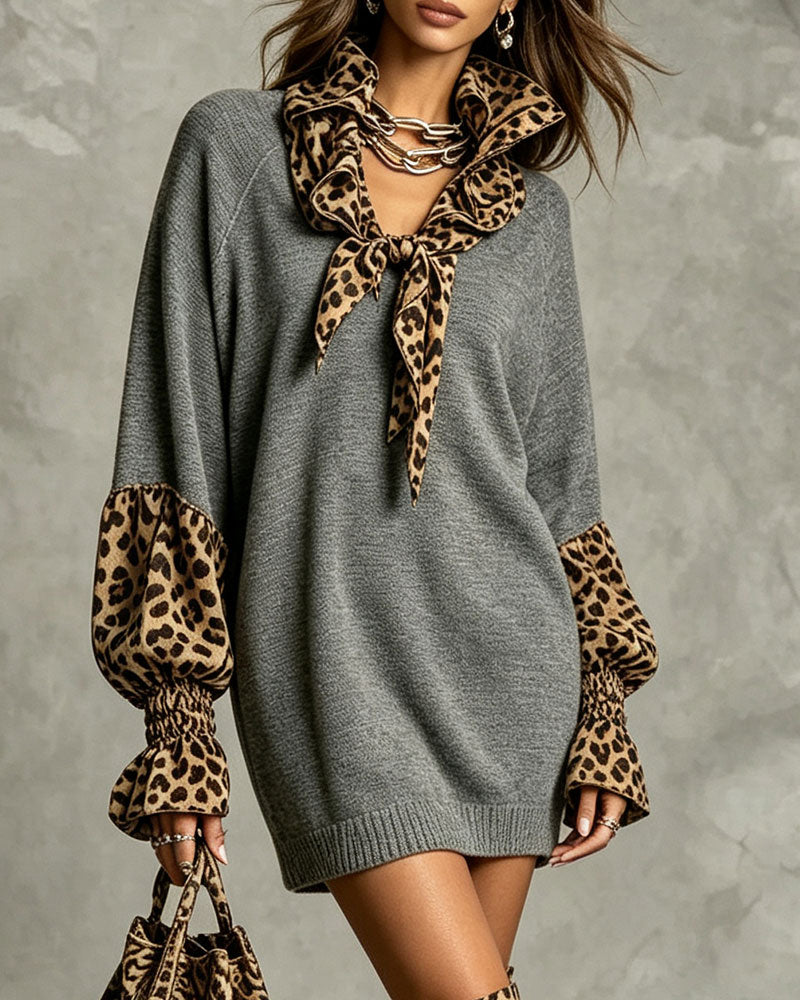 Women's grey sweater mini dress with leopard print scarf collar and cuffs